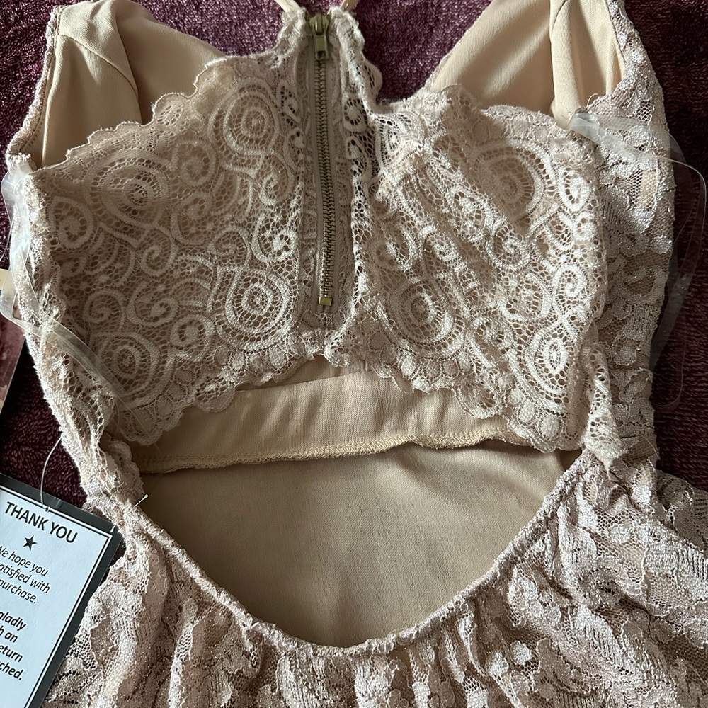 Emerald Sundae by Macy’s khaki lace shimmer mini dress with zip up back NWT - Picture 10 of 17